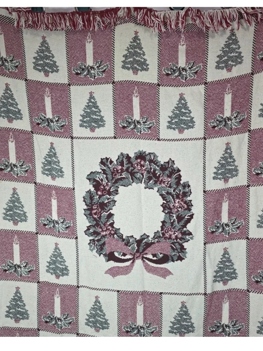 Vintage Christmas Woven Throw Blanket Wreath Tree Candle 46x54 Rustic